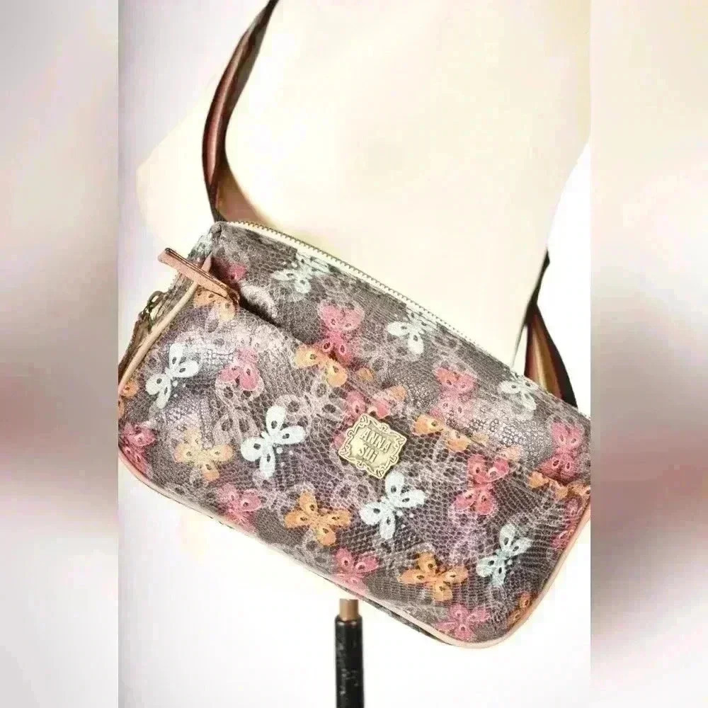 ANNA SUI Grey Orange Blue Spring Butterfly  Print Faux Snakeskin Zipped Belt Bag